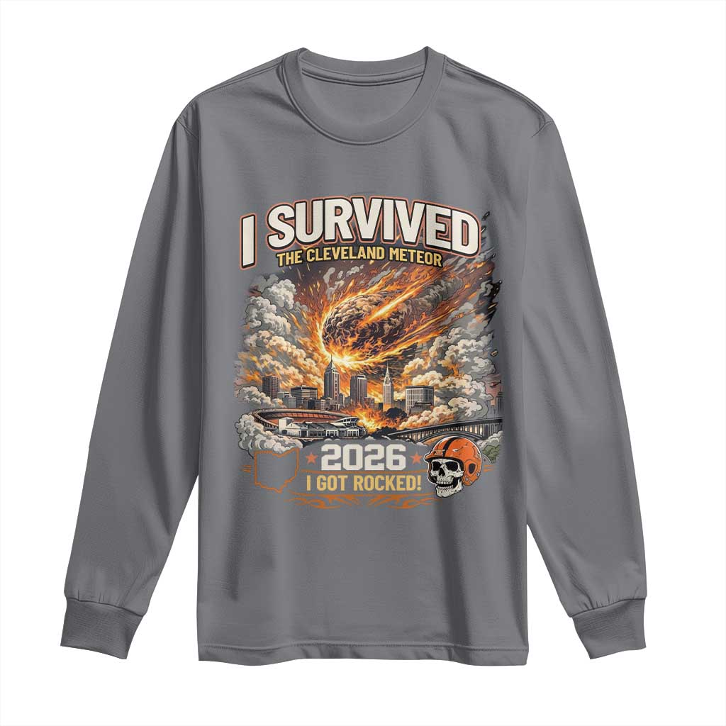 I Survived The Cleveland Meteor 2026 Long Sleeve Shirt Funny Ohio Apocalypse Meme Vintage Football Fan Humor
