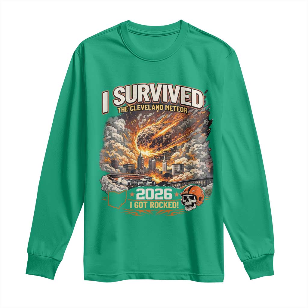 I Survived The Cleveland Meteor 2026 Long Sleeve Shirt Funny Ohio Apocalypse Meme Vintage Football Fan Humor