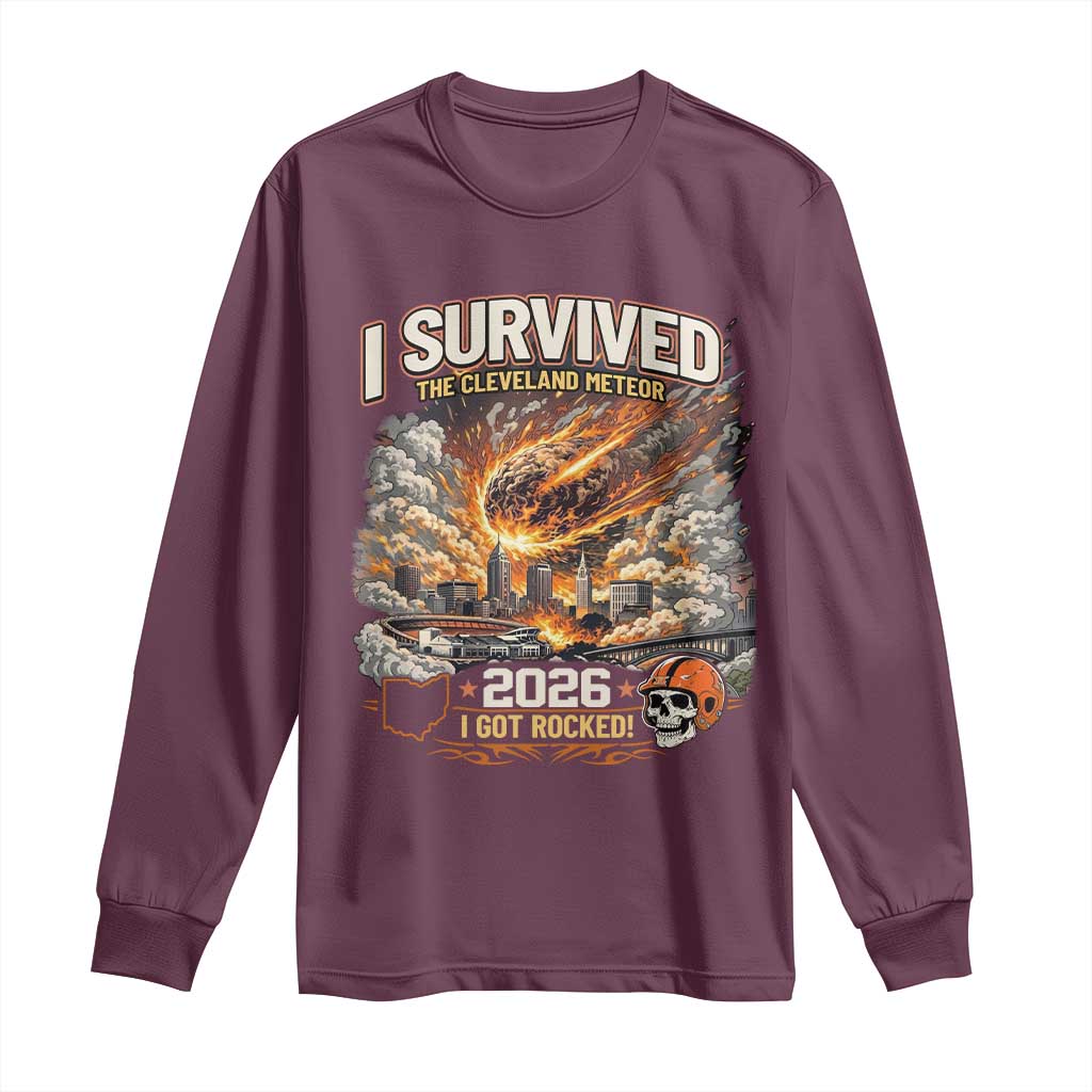 I Survived The Cleveland Meteor 2026 Long Sleeve Shirt Funny Ohio Apocalypse Meme Vintage Football Fan Humor
