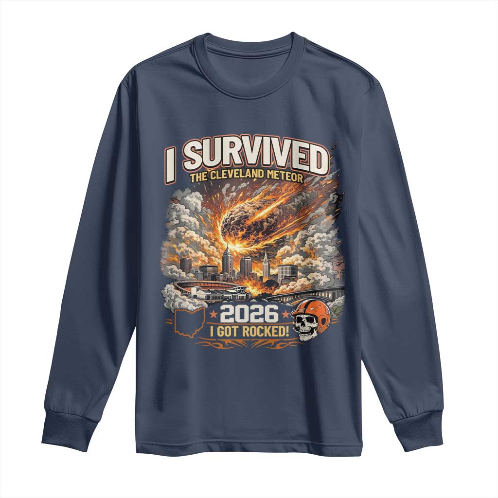 I Survived The Cleveland Meteor 2026 Long Sleeve Shirt Funny Ohio Apocalypse Meme Vintage Football Fan Humor