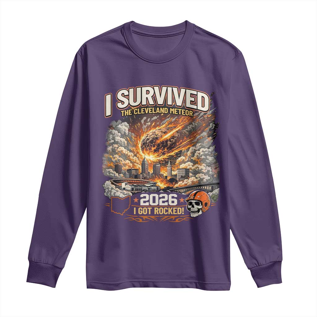 I Survived The Cleveland Meteor 2026 Long Sleeve Shirt Funny Ohio Apocalypse Meme Vintage Football Fan Humor
