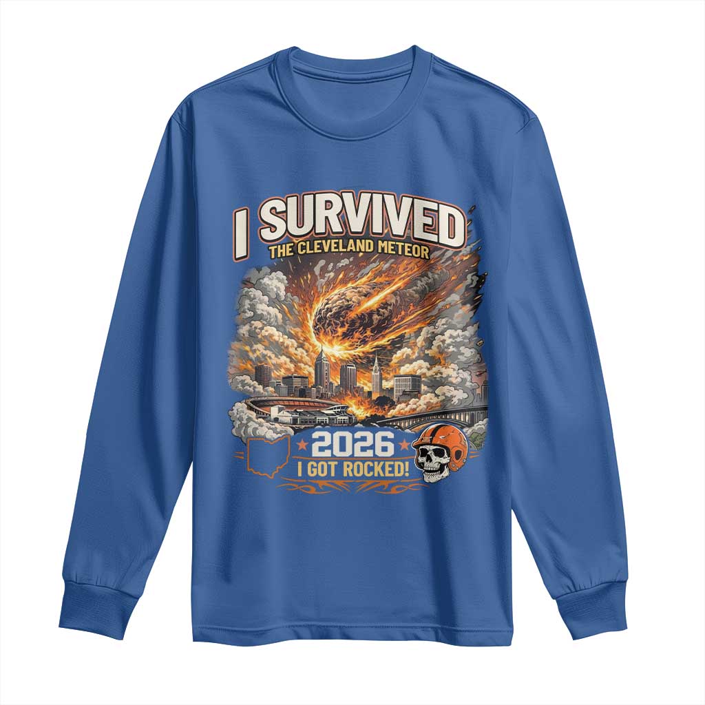 I Survived The Cleveland Meteor 2026 Long Sleeve Shirt Funny Ohio Apocalypse Meme Vintage Football Fan Humor