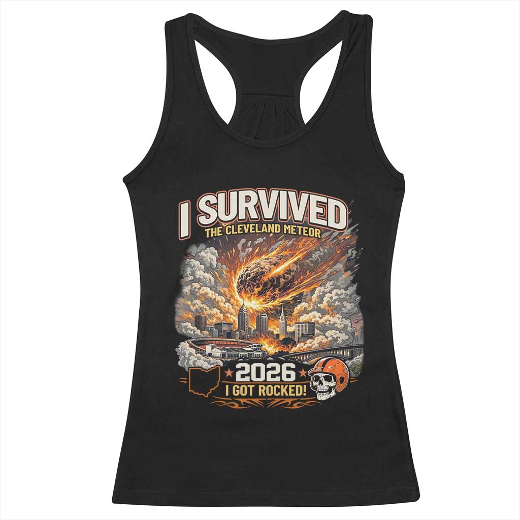 I Survived The Cleveland Meteor 2026 Racerback Tank Top Funny Ohio Apocalypse Meme Vintage Football Fan Humor