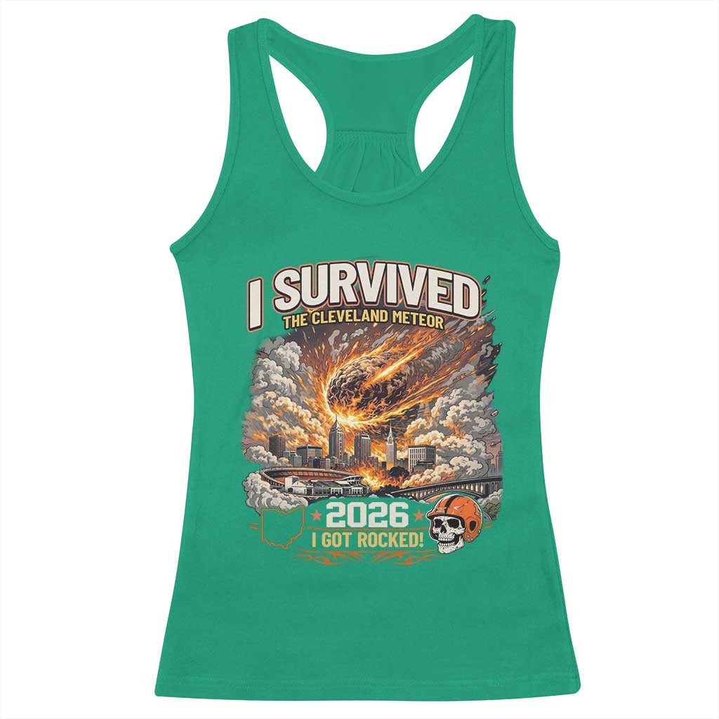 I Survived The Cleveland Meteor 2026 Racerback Tank Top Funny Ohio Apocalypse Meme Vintage Football Fan Humor