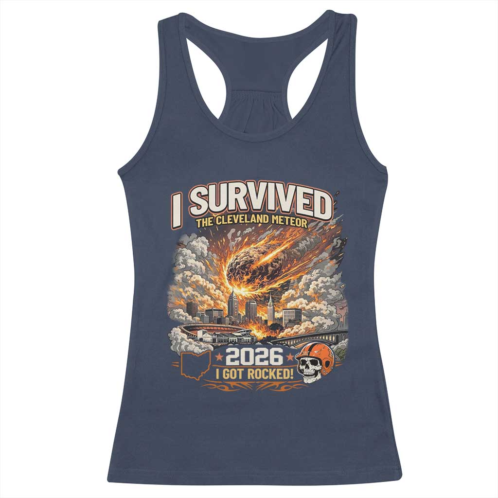 I Survived The Cleveland Meteor 2026 Racerback Tank Top Funny Ohio Apocalypse Meme Vintage Football Fan Humor