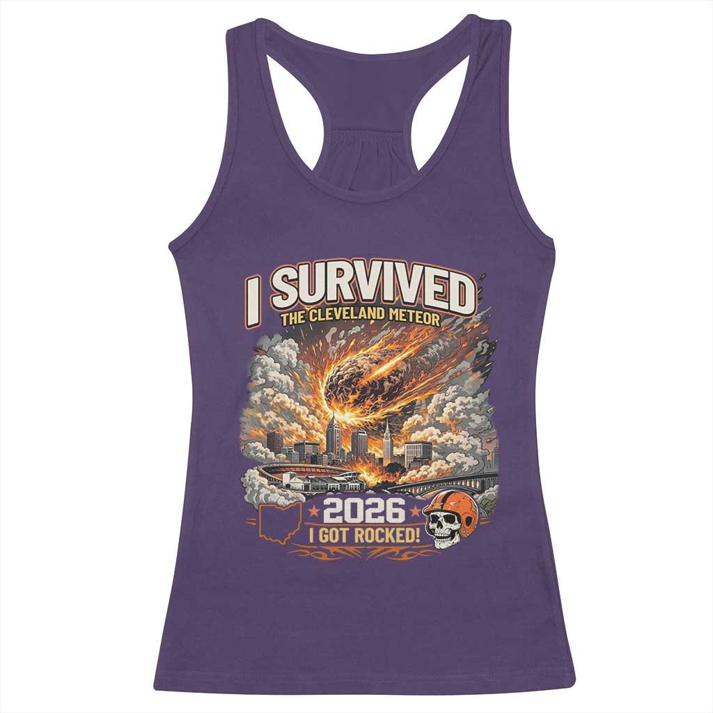 I Survived The Cleveland Meteor 2026 Racerback Tank Top Funny Ohio Apocalypse Meme Vintage Football Fan Humor