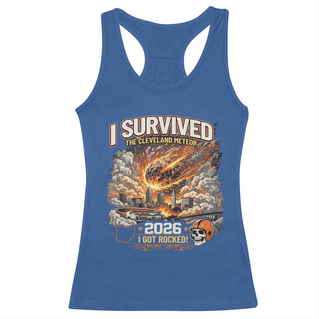 I Survived The Cleveland Meteor 2026 Racerback Tank Top Funny Ohio Apocalypse Meme Vintage Football Fan Humor