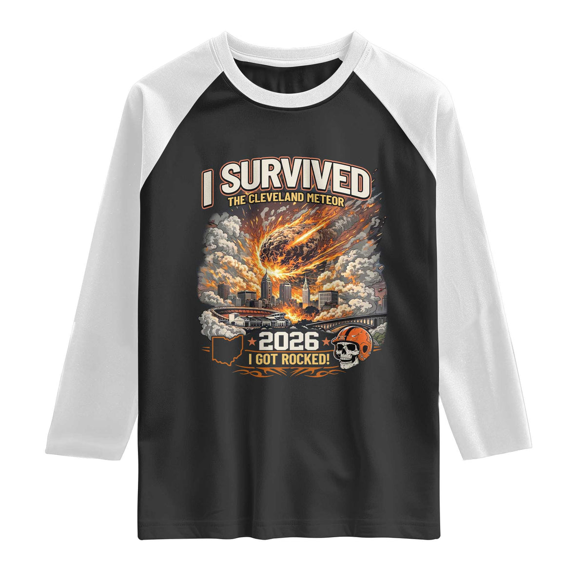 I Survived The Cleveland Meteor 2026 Raglan Shirt Funny Ohio Apocalypse Meme Vintage Football Fan Humor
