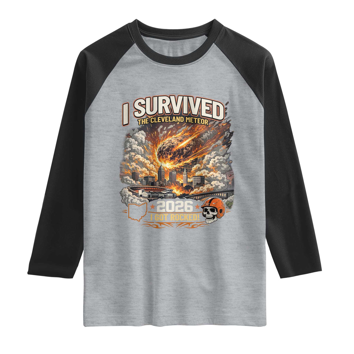 I Survived The Cleveland Meteor 2026 Raglan Shirt Funny Ohio Apocalypse Meme Vintage Football Fan Humor