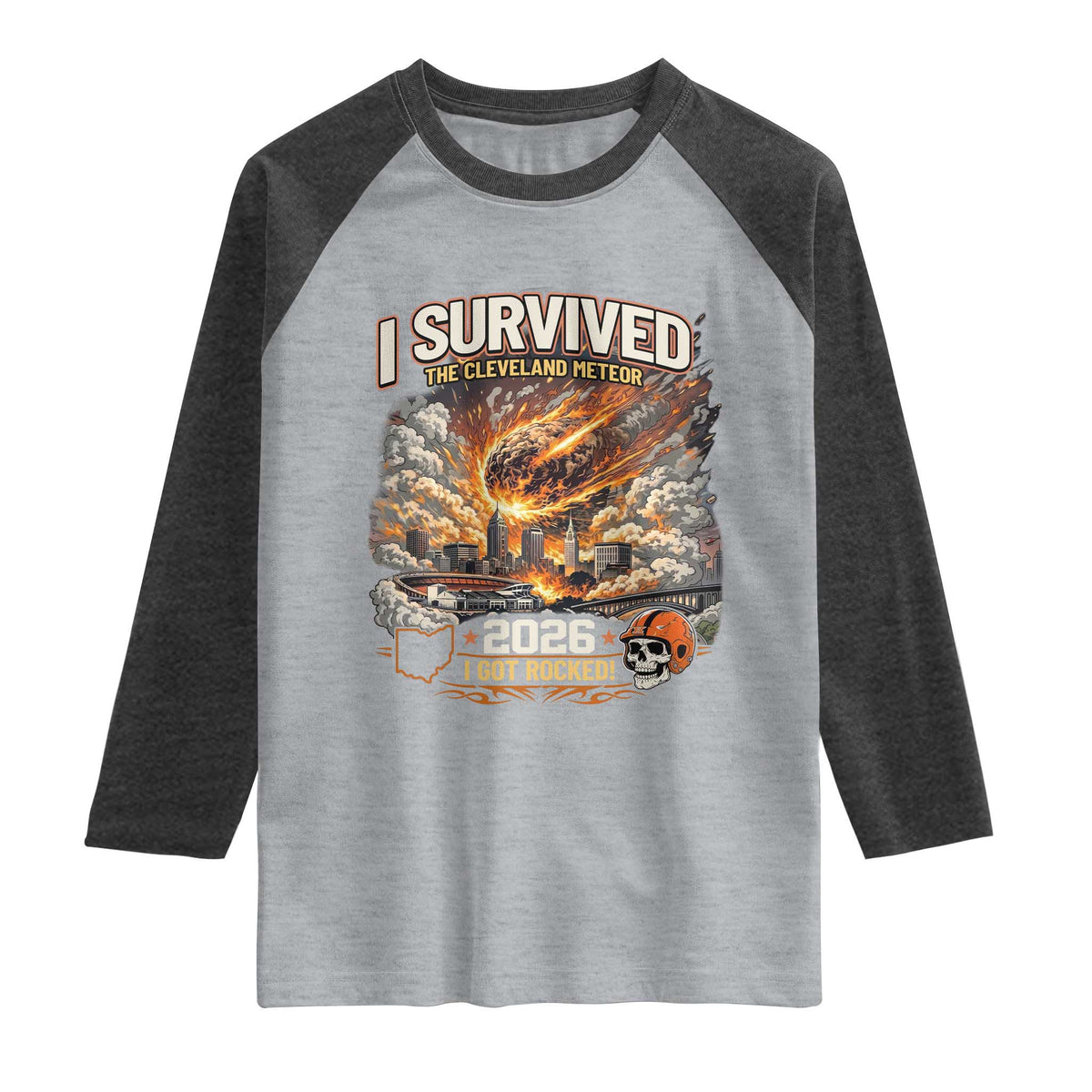 I Survived The Cleveland Meteor 2026 Raglan Shirt Funny Ohio Apocalypse Meme Vintage Football Fan Humor