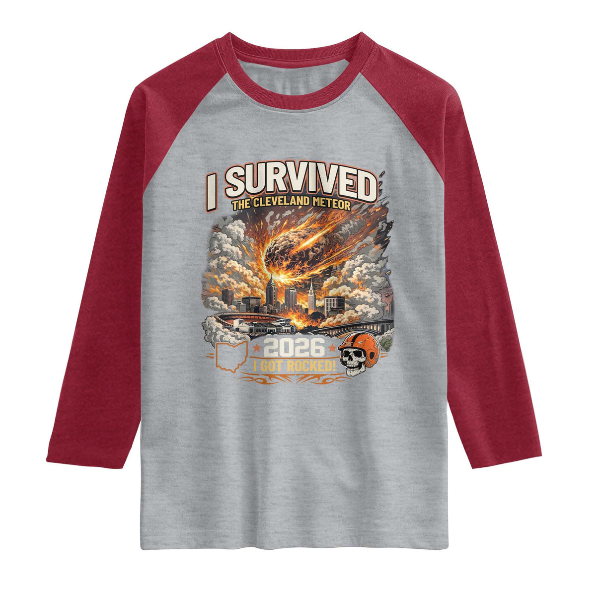 I Survived The Cleveland Meteor 2026 Raglan Shirt Funny Ohio Apocalypse Meme Vintage Football Fan Humor