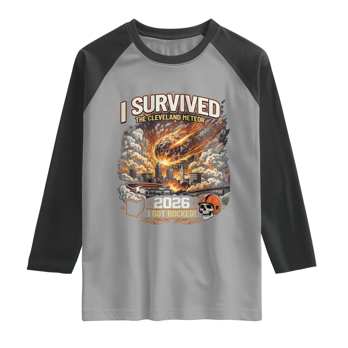 I Survived The Cleveland Meteor 2026 Raglan Shirt Funny Ohio Apocalypse Meme Vintage Football Fan Humor