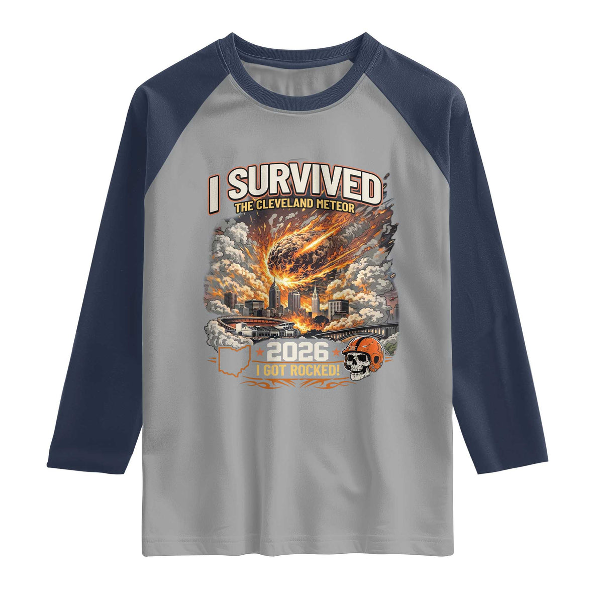 I Survived The Cleveland Meteor 2026 Raglan Shirt Funny Ohio Apocalypse Meme Vintage Football Fan Humor