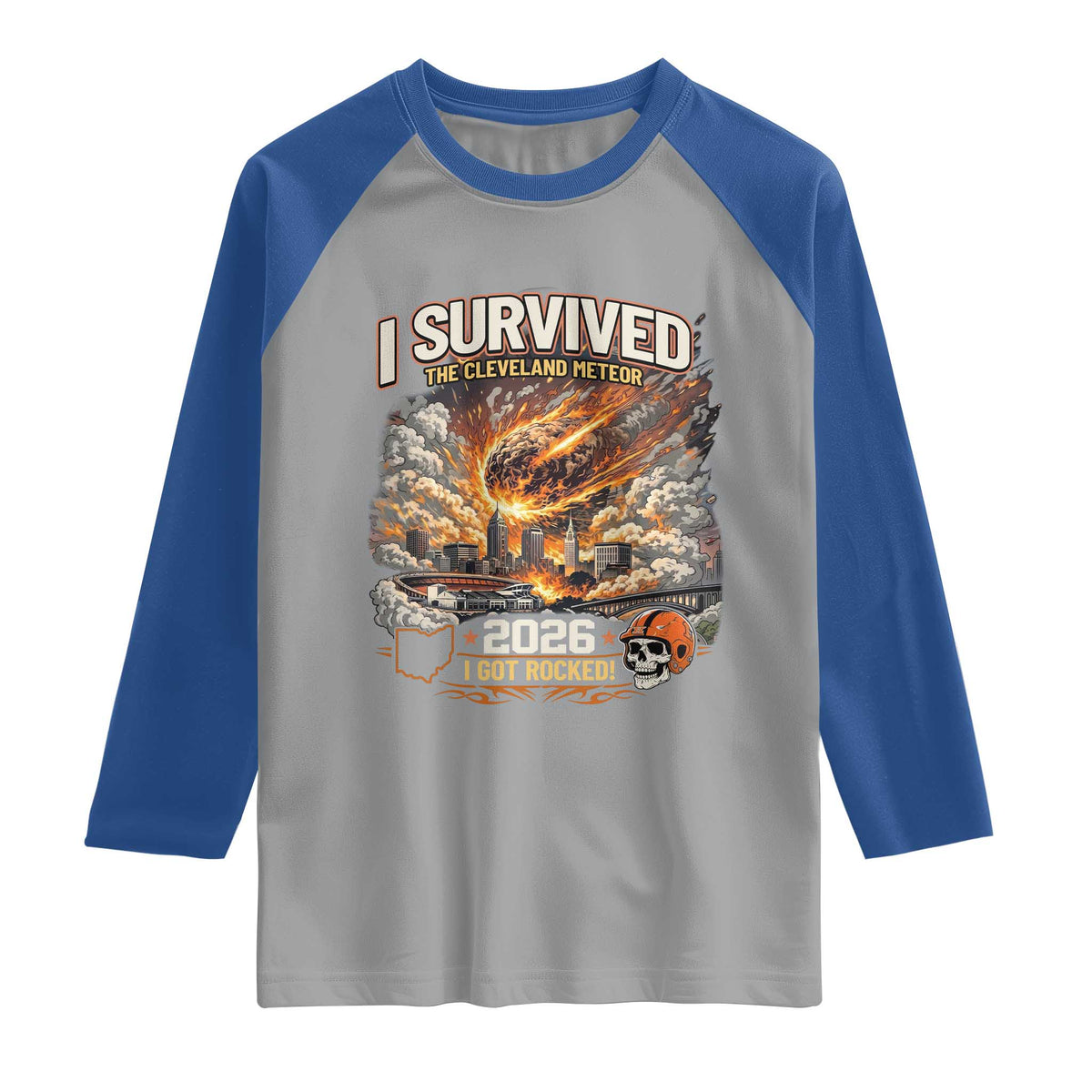 I Survived The Cleveland Meteor 2026 Raglan Shirt Funny Ohio Apocalypse Meme Vintage Football Fan Humor