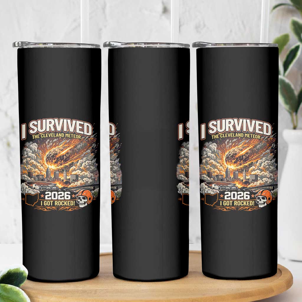 I Survived The Cleveland Meteor 2026 Skinny Tumbler Funny Ohio Apocalypse Meme Vintage Football Fan Humor