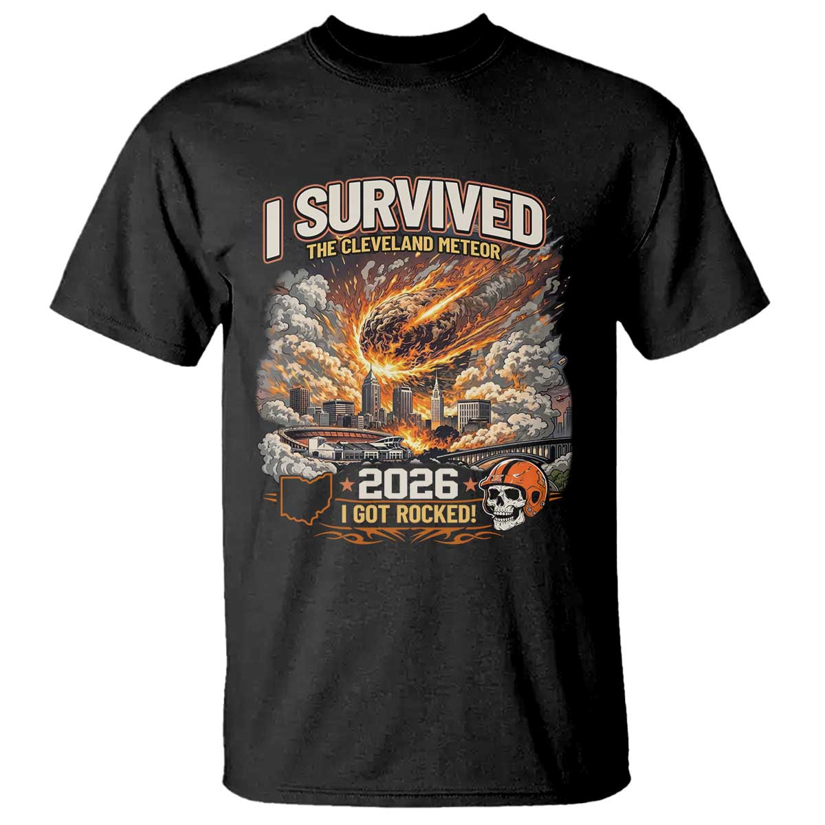 I Survived The Cleveland Meteor 2026 T Shirt Funny Ohio Apocalypse Meme Vintage Football Fan Humor