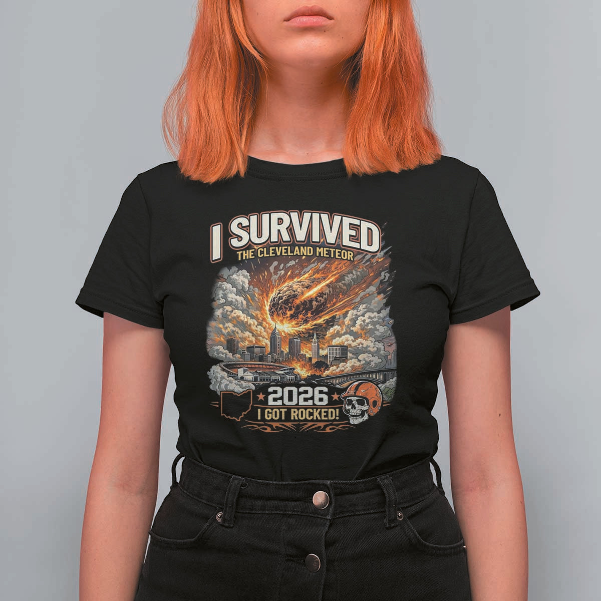 I Survived The Cleveland Meteor 2026 T Shirt For Women Funny Ohio Apocalypse Meme Vintage Football Fan Humor