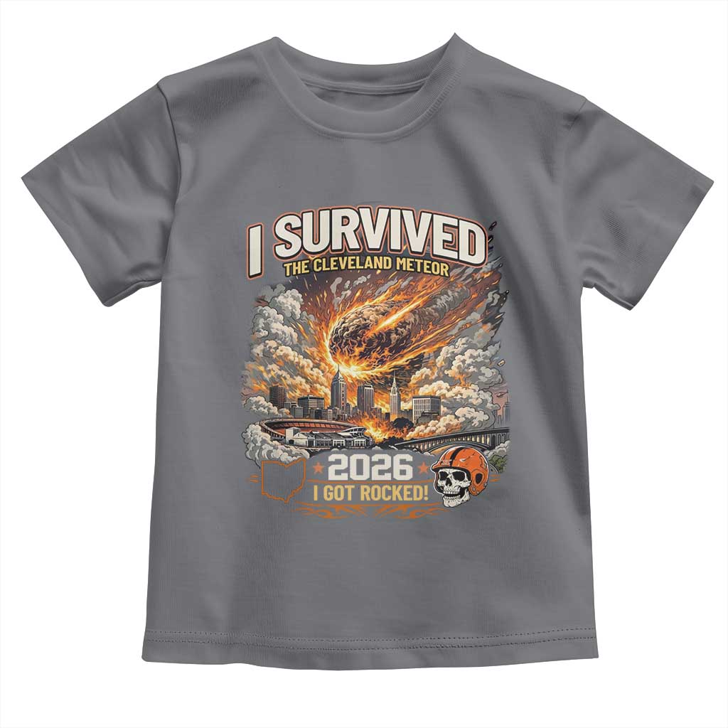 I Survived The Cleveland Meteor 2026 Toddler T Shirt Funny Ohio Apocalypse Meme Vintage Football Fan Humor