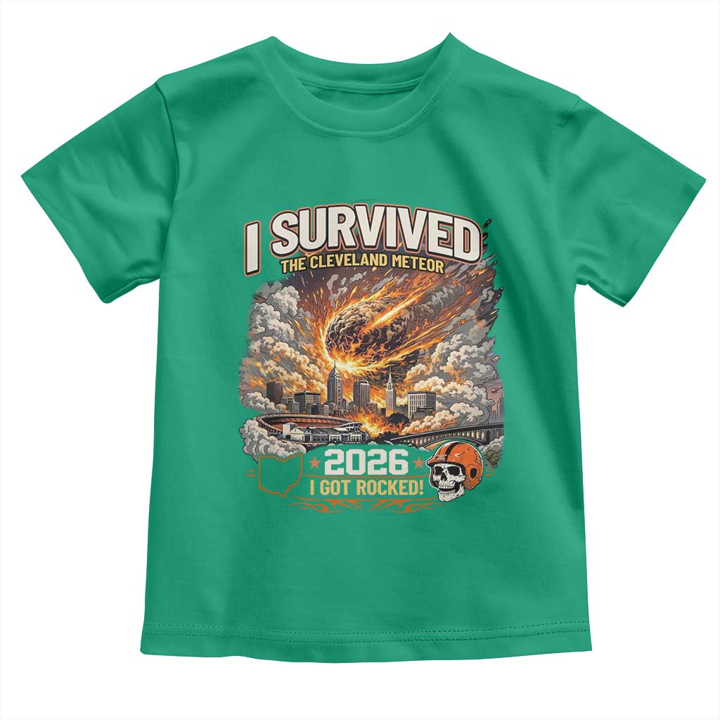 I Survived The Cleveland Meteor 2026 Toddler T Shirt Funny Ohio Apocalypse Meme Vintage Football Fan Humor