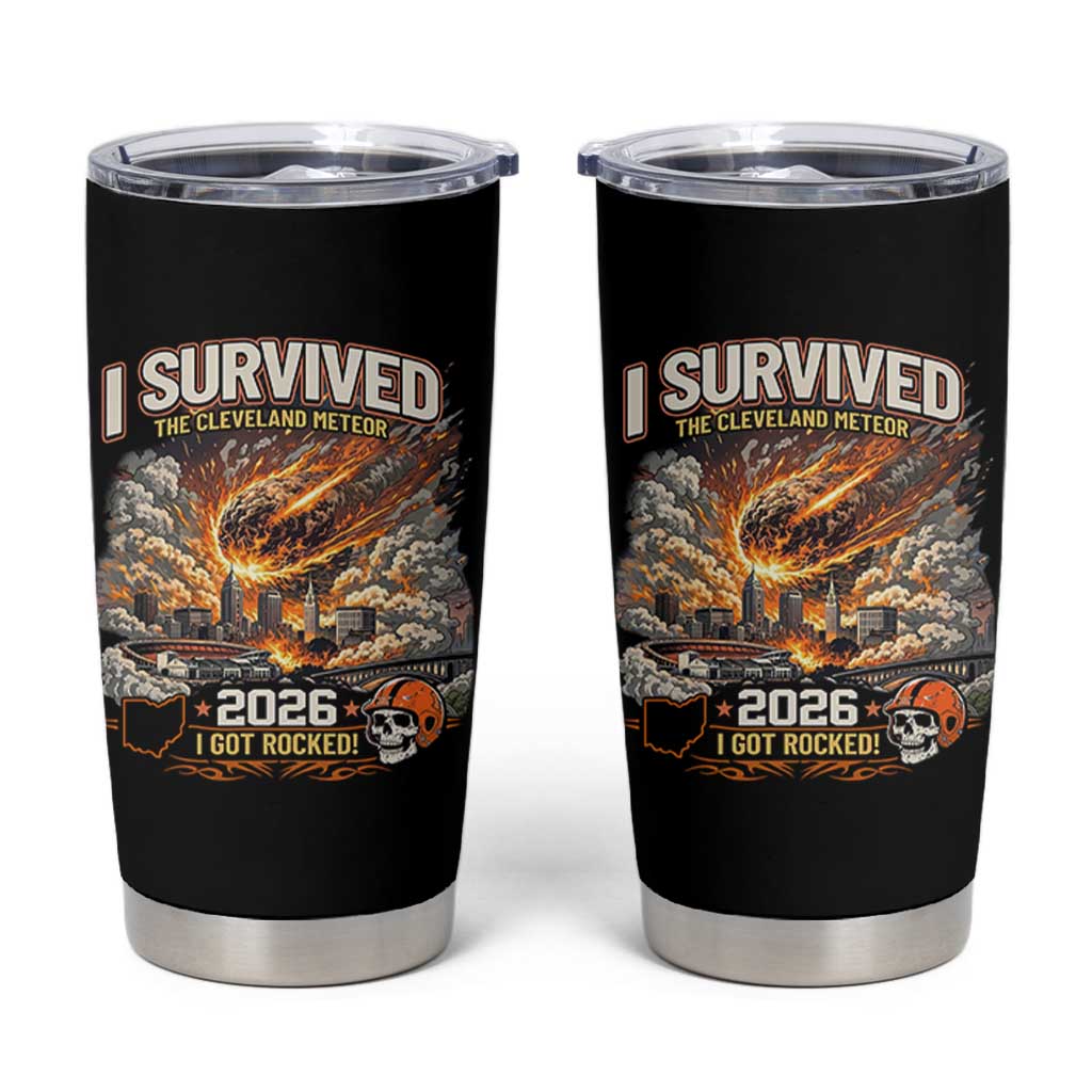 I Survived The Cleveland Meteor 2026 Tumbler Cup Funny Ohio Apocalypse Meme Vintage Football Fan Humor