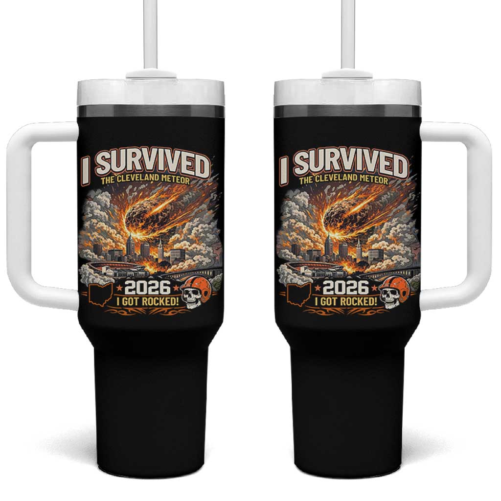 I Survived The Cleveland Meteor 2026 Tumbler With Handle Funny Ohio Apocalypse Meme Vintage Football Fan Humor