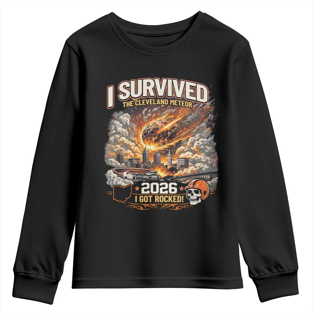 I Survived The Cleveland Meteor 2026 Youth Sweatshirt Funny Ohio Apocalypse Meme Vintage Football Fan Humor