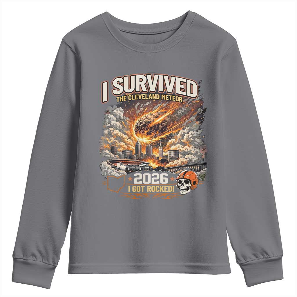 I Survived The Cleveland Meteor 2026 Youth Sweatshirt Funny Ohio Apocalypse Meme Vintage Football Fan Humor