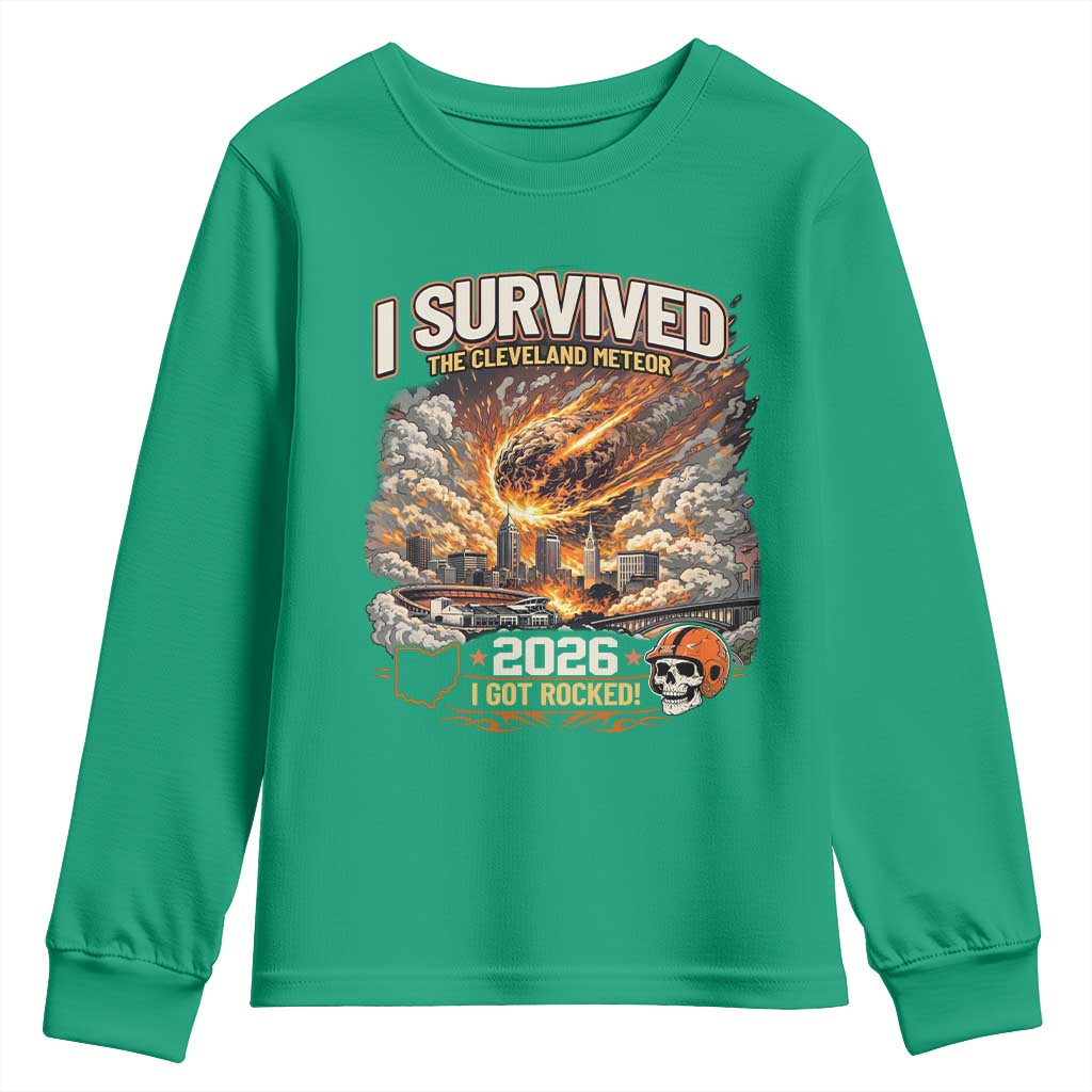 I Survived The Cleveland Meteor 2026 Youth Sweatshirt Funny Ohio Apocalypse Meme Vintage Football Fan Humor