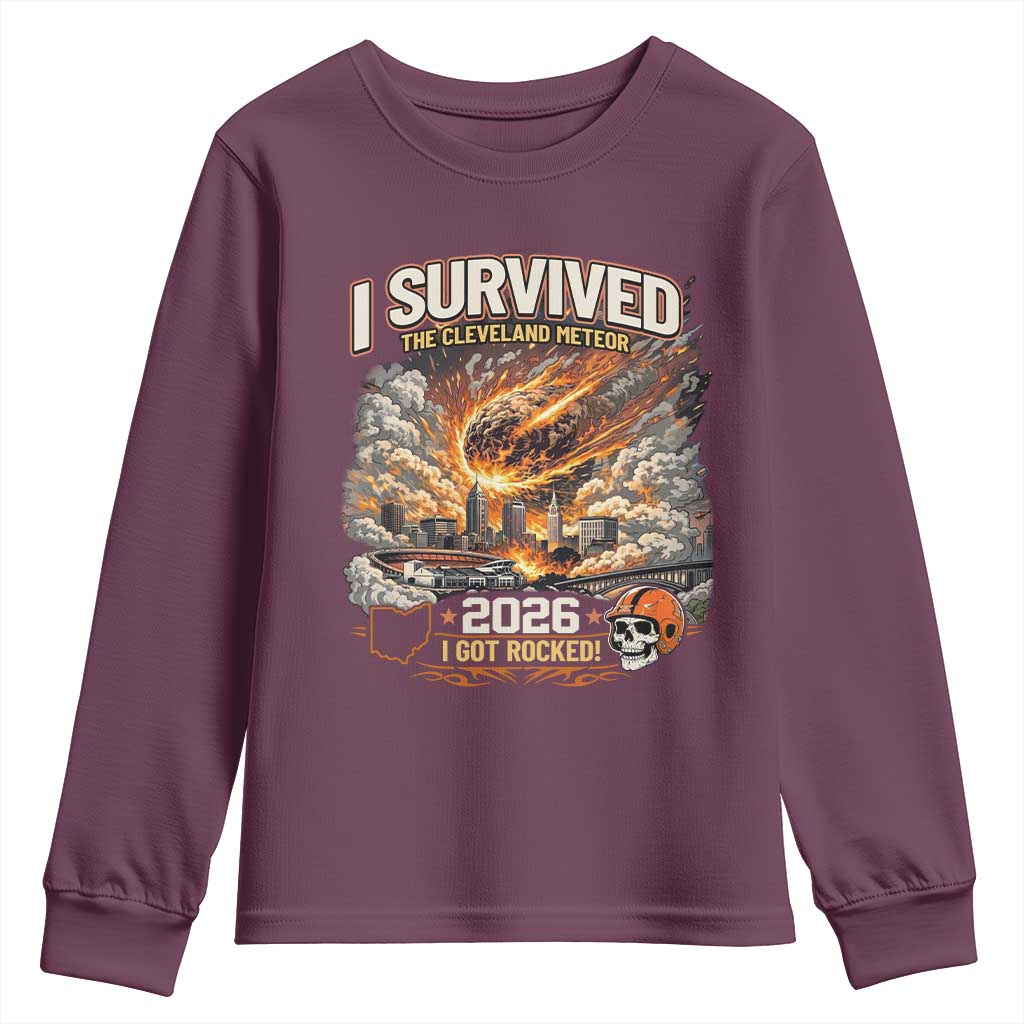I Survived The Cleveland Meteor 2026 Youth Sweatshirt Funny Ohio Apocalypse Meme Vintage Football Fan Humor