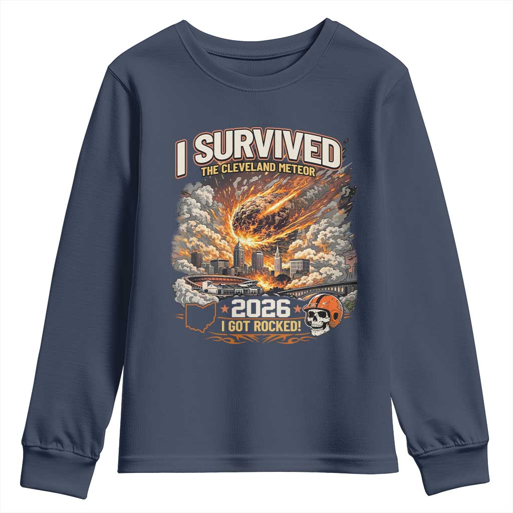 I Survived The Cleveland Meteor 2026 Youth Sweatshirt Funny Ohio Apocalypse Meme Vintage Football Fan Humor