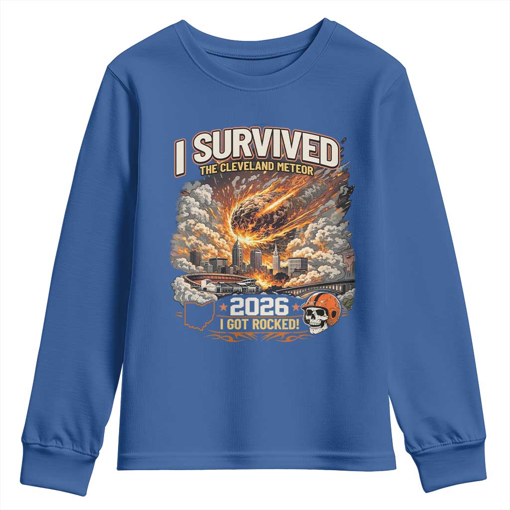 I Survived The Cleveland Meteor 2026 Youth Sweatshirt Funny Ohio Apocalypse Meme Vintage Football Fan Humor