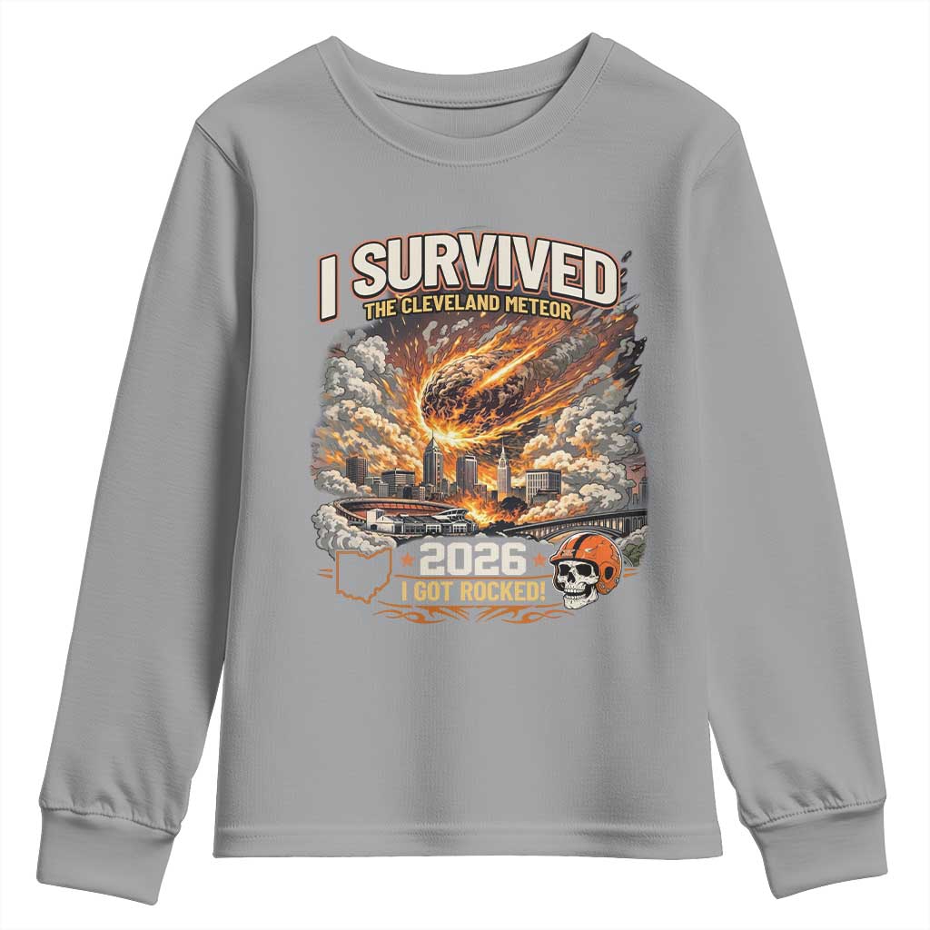 I Survived The Cleveland Meteor 2026 Youth Sweatshirt Funny Ohio Apocalypse Meme Vintage Football Fan Humor