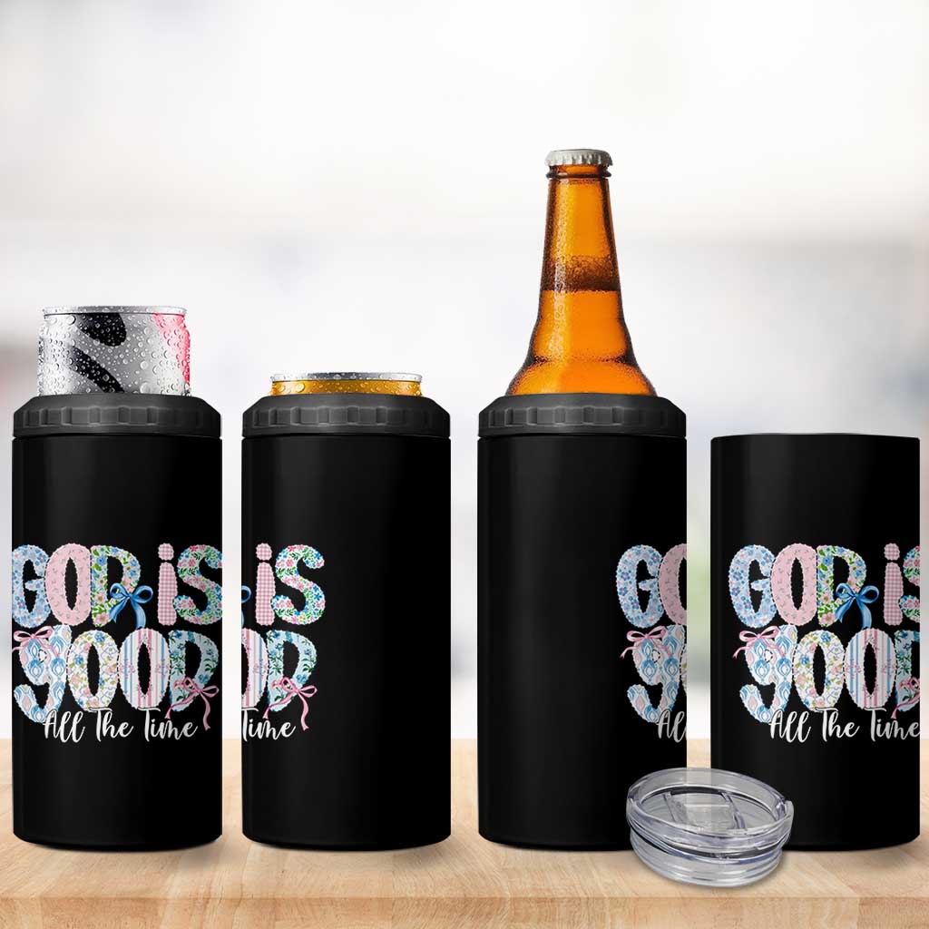 God Is Good All The Time Coquette Christian Faith 4 in 1 Can Cooler Tumbler Floral Patchwork Aesthetic Bow Cute Religious Gift