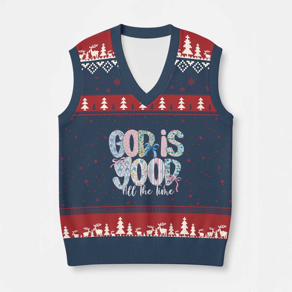 God Is Good All The Time Coquette Christian Faith V-Neck Knit Sweater Vest Floral Patchwork Aesthetic Bow Cute Religious Gift