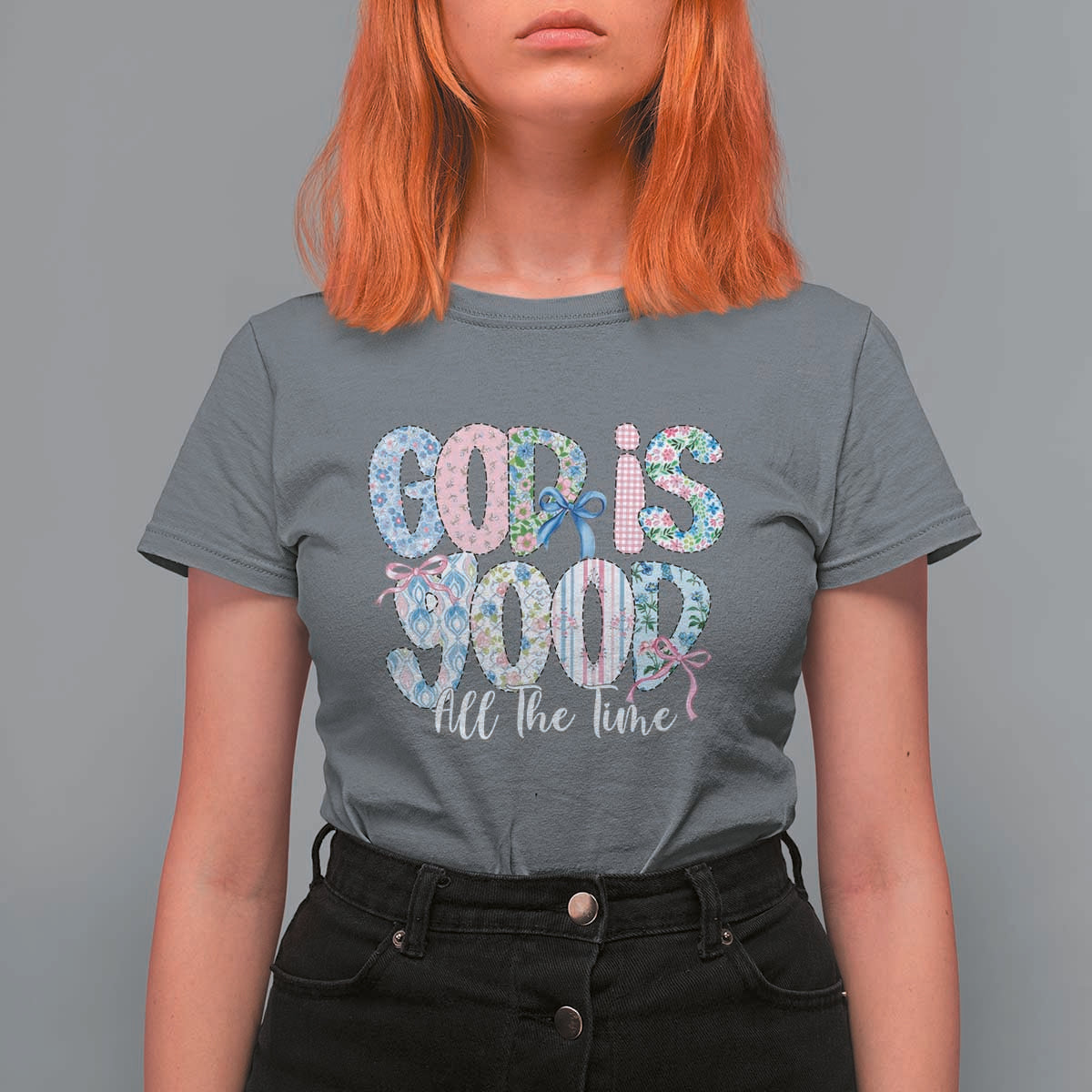 God Is Good All The Time Coquette Christian Faith T Shirt For Women Floral Patchwork Aesthetic Bow Cute Religious Gift