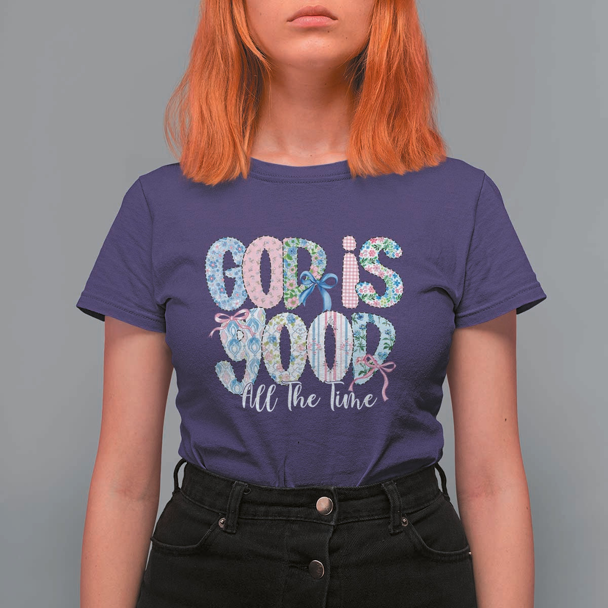 God Is Good All The Time Coquette Christian Faith T Shirt For Women Floral Patchwork Aesthetic Bow Cute Religious Gift
