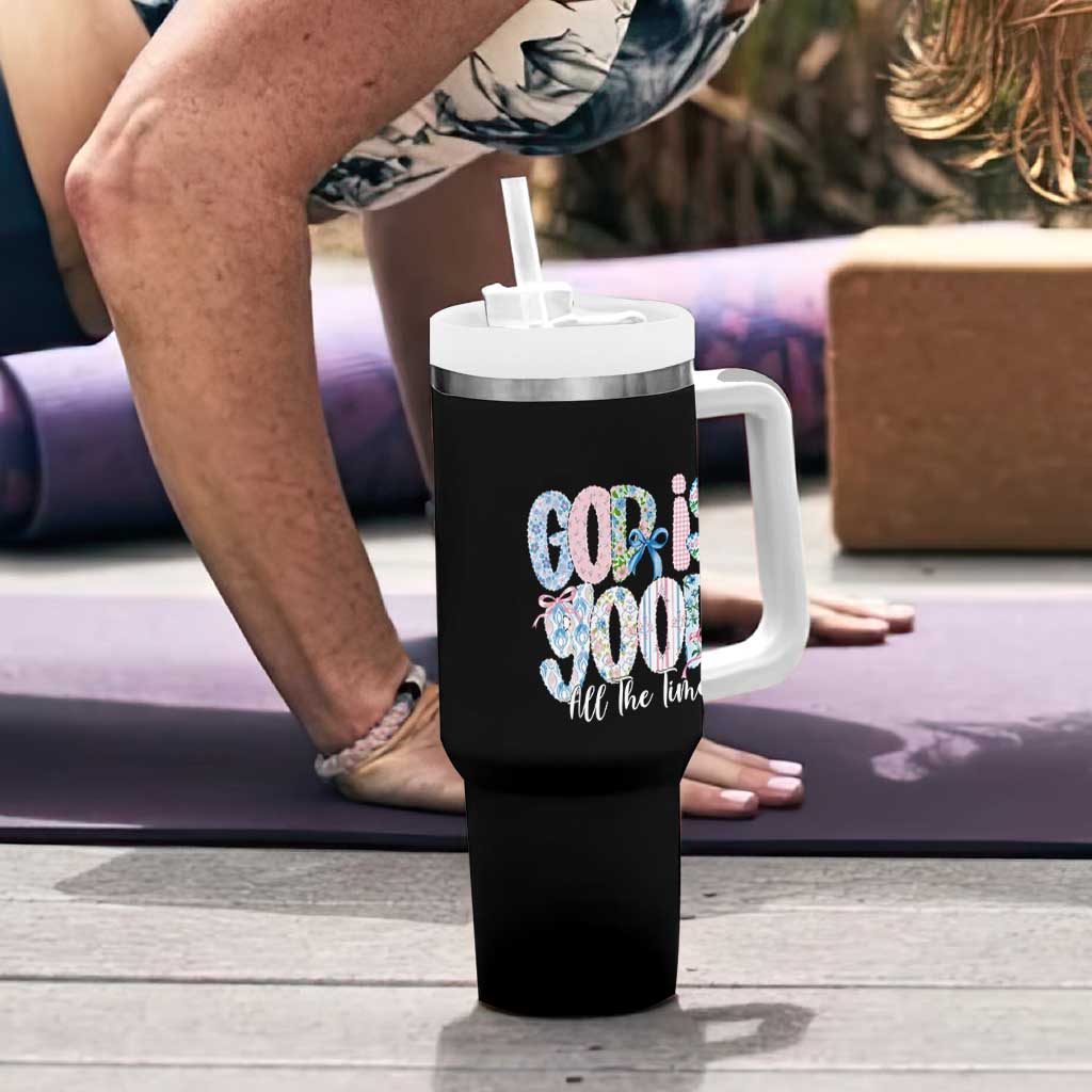 God Is Good All The Time Coquette Christian Faith Tumbler With Handle Floral Patchwork Aesthetic Bow Cute Religious Gift