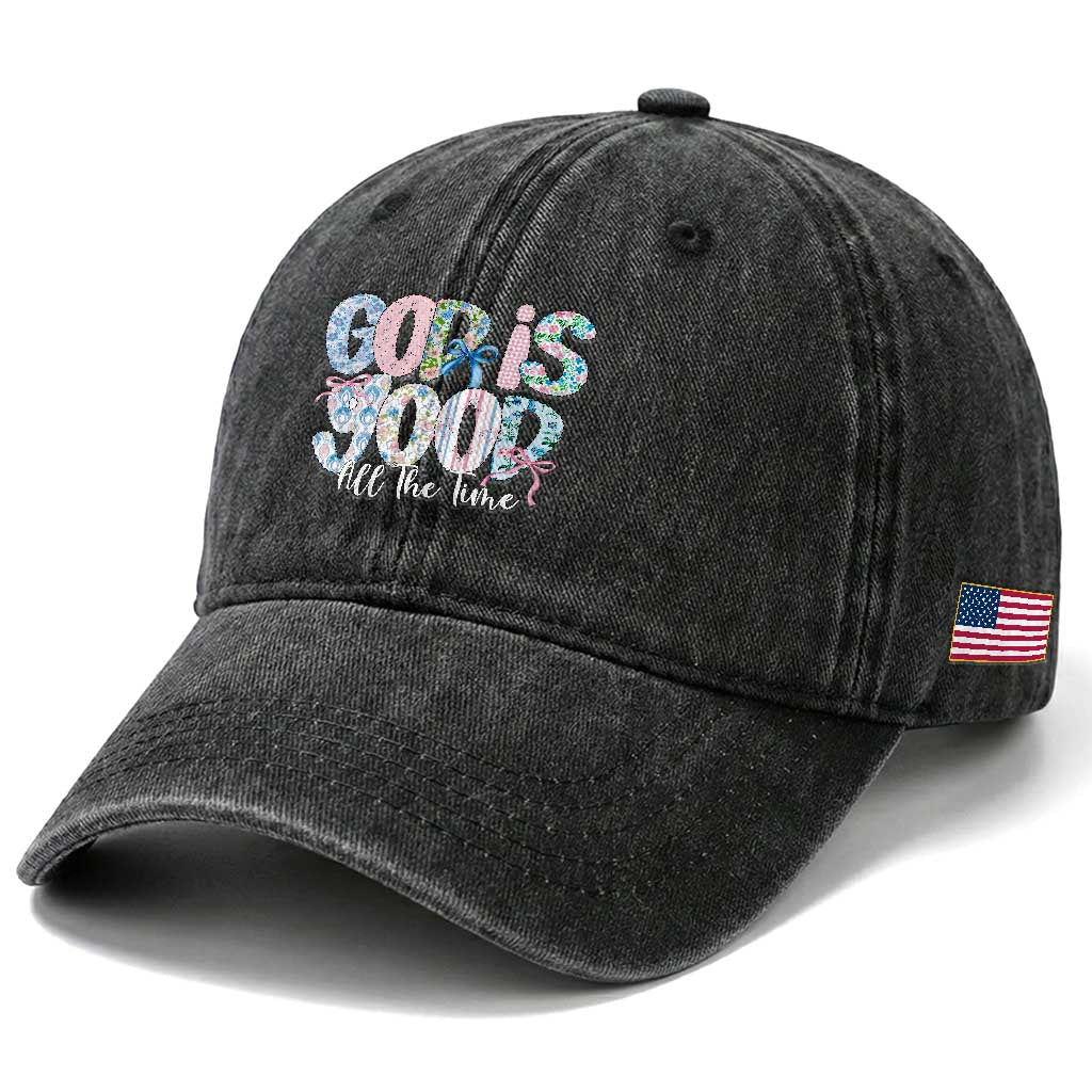 God Is Good All The Time Coquette Christian Faith Washed Cotton Baseball Cap Floral Patchwork Aesthetic Bow Cute Religious Gift