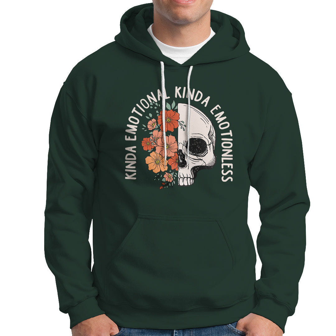 Dark forest green pullover hoodie with white drawstring and floral skull graphic on chest.
