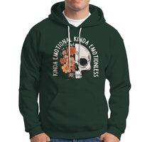 Dark forest green pullover hoodie with white drawstring and floral skull graphic on chest.