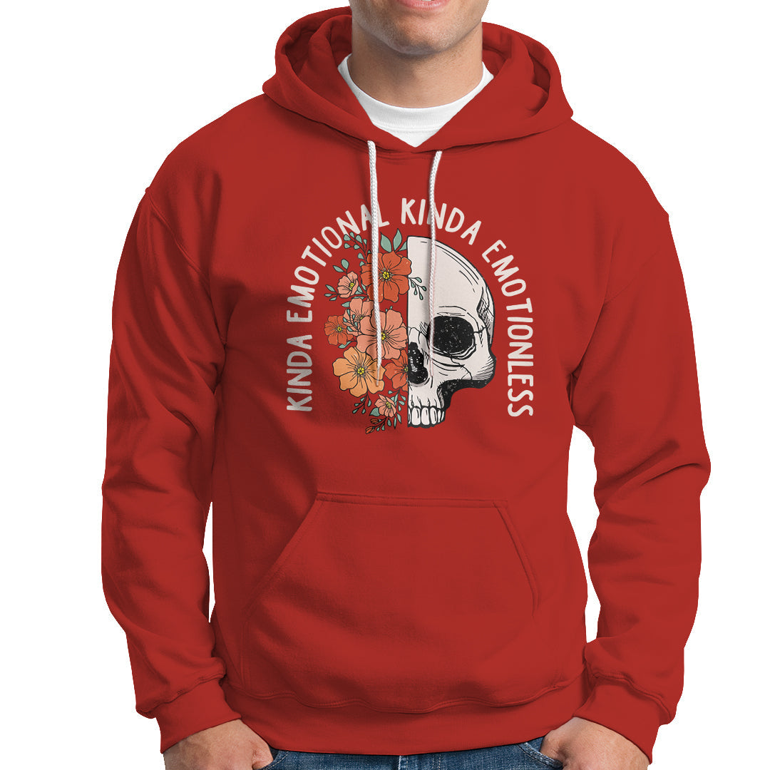Red pullover hoodie with white drawstring and floral skull graphic on chest.