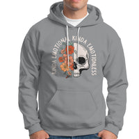 Sport gray pullover hoodie with white drawstring and floral skull graphic on chest.