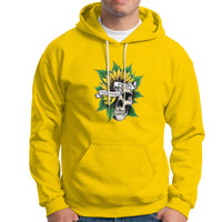 Daisy yellow hoodie with skull and sunflower flower graphic, front kangaroo pocket and hood