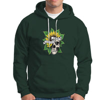 Dark forest green hoodie with skull and sunflower flower graphic, front kangaroo pocket and hood