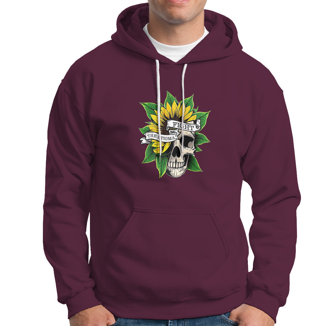 Maroon hoodie with skull and sunflower flower graphic, front kangaroo pocket and hood