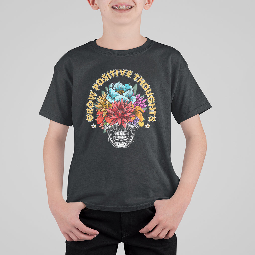 Mental Health Matters T Shirt For Kid Grow Positive Thoughts Mental Health Awareness Groovy Retro Floral Skull With Flowers - Wonder Print Shop