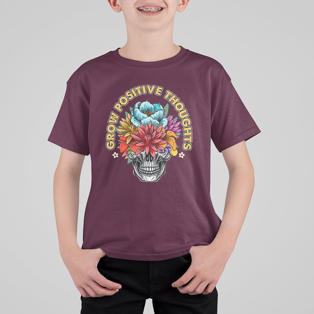 Mental Health Matters T Shirt For Kid Grow Positive Thoughts Mental Health Awareness Groovy Retro Floral Skull With Flowers - Wonder Print Shop