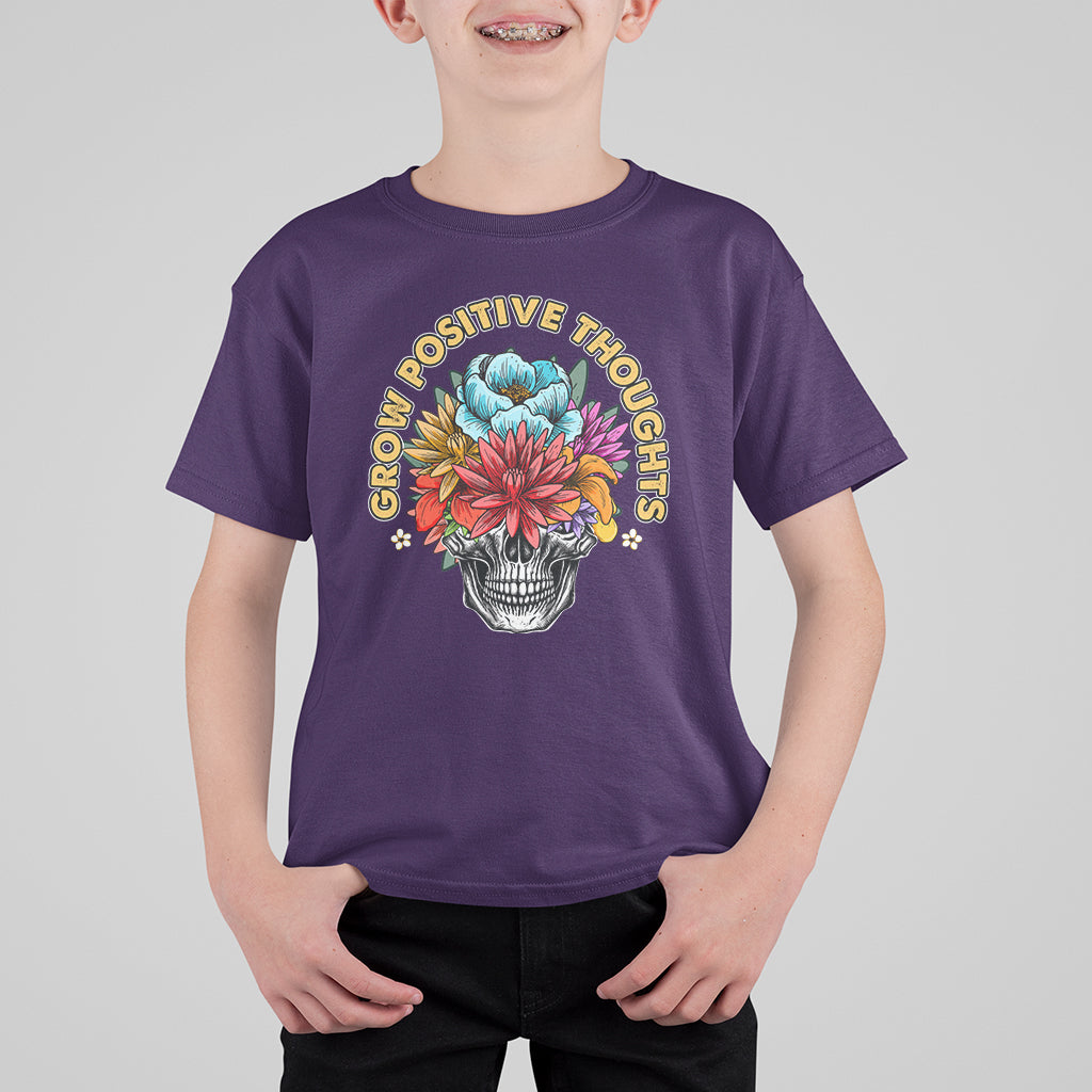 Mental Health Matters T Shirt For Kid Grow Positive Thoughts Mental Health Awareness Groovy Retro Floral Skull With Flowers - Wonder Print Shop