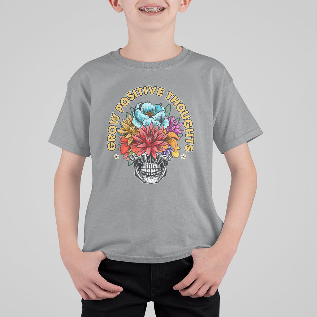 Mental Health Matters T Shirt For Kid Grow Positive Thoughts Mental Health Awareness Groovy Retro Floral Skull With Flowers - Wonder Print Shop
