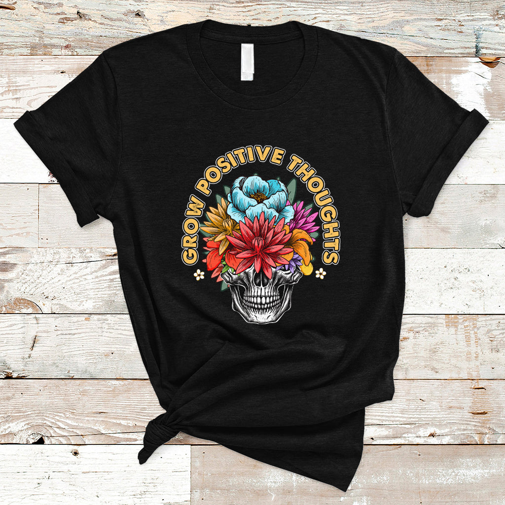 Mental Health Matters T Shirt Grow Positive Thoughts Mental Health Awareness Groovy Retro Floral Skull With Flowers - Wonder Print Shop